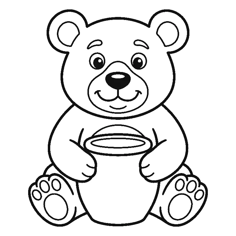 Colouring page of a round friendly bear sitting facing forward with two eyes and a smile, holding a honey pot between its paws, its two hind paw pads showing, black outlines on white
