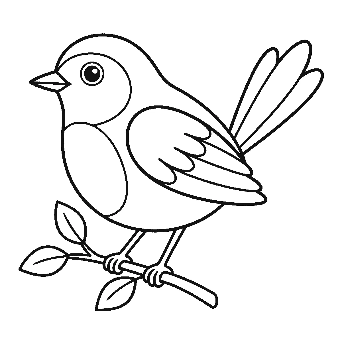 Colouring page of a plump little songbird perched in profile on a leafy twig, one round eye, a short beak and a long layered tail, black outlines on white