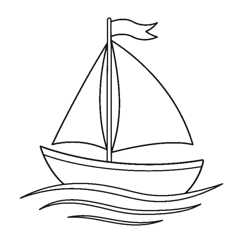Colouring page of a sailing boat seen from the side, one mast carrying two blank triangular sails, a pennant at the masthead and three long curved water lines under the hull, black outlines on white