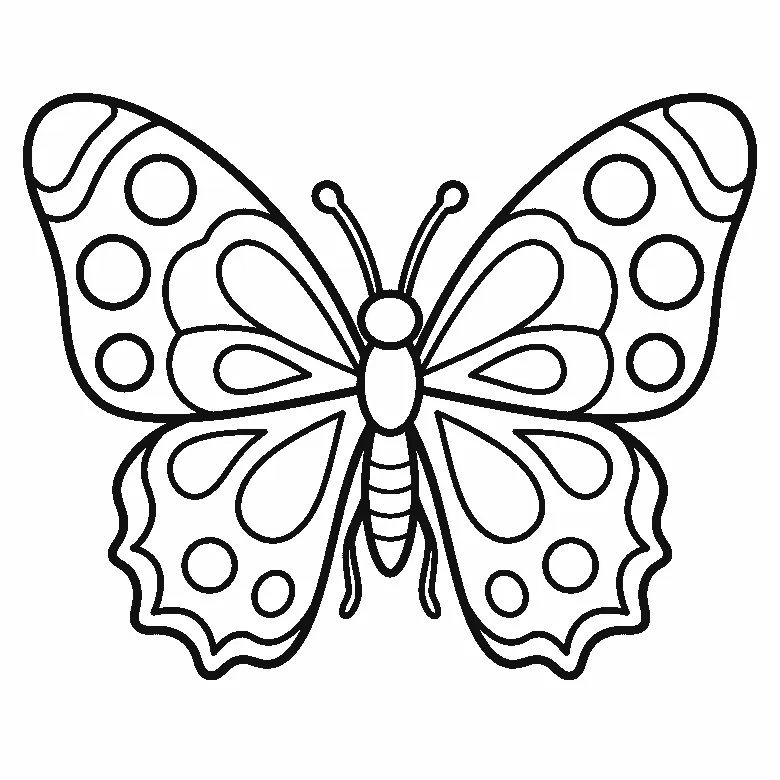 Colouring page of a butterfly seen from above with wide symmetrical wings patterned in large circles and teardrops, a segmented body and two antennae, black outlines on white