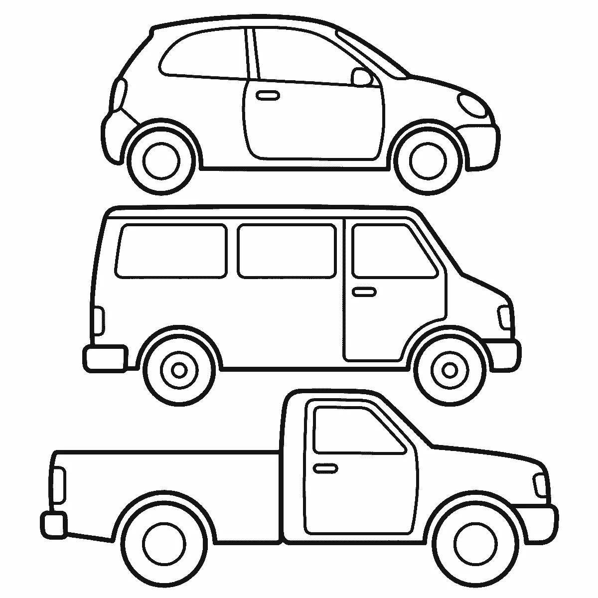 Colouring page of three vehicles seen from the side and stacked one above another — a small hatchback, a van and a pick-up truck, every panel left plain, black outlines on white