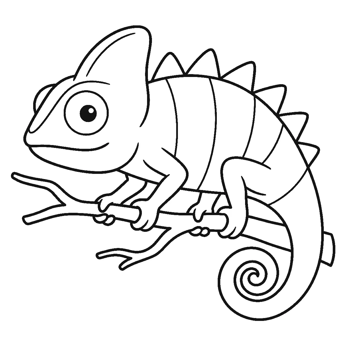 Colouring page of a chameleon gripping a bare branch in profile, with one large round eye, a tall curved crest behind the head, a row of triangular spikes down the spine, a body divided into wide bands and a long tail coiled into a spiral, black outlines on white