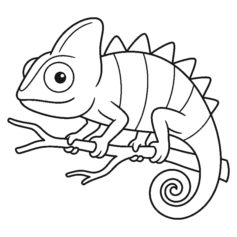 Colouring page of a chameleon gripping a bare branch in profile, with one large round eye, a tall curved crest behind the head, a row of triangular spikes down the spine, a body divided into wide bands and a long tail coiled into a spiral, black outlines on white