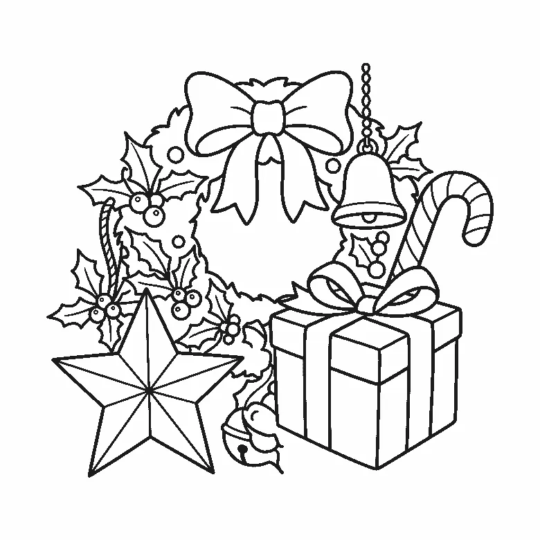 Colouring page of a Christmas group: a holly wreath tied with a bow, a hanging bell, a candy cane, a wrapped gift with a ribbon, a large five-pointed star and a small jingle bell, black outlines on white