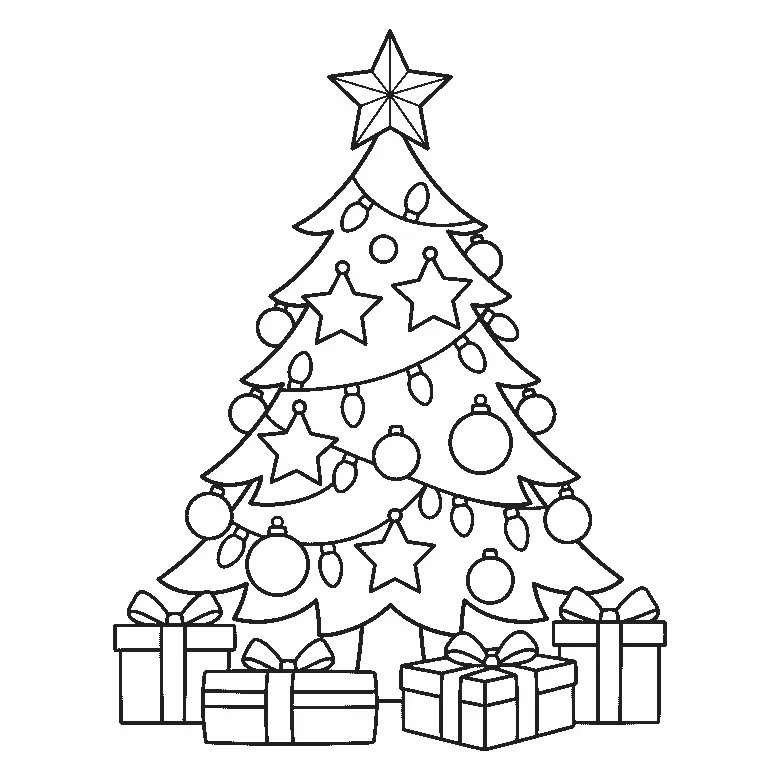 Colouring page of a decorated Christmas tree with a star on top, round baubles, star ornaments and light strings, with five wrapped gifts underneath, black outlines on white