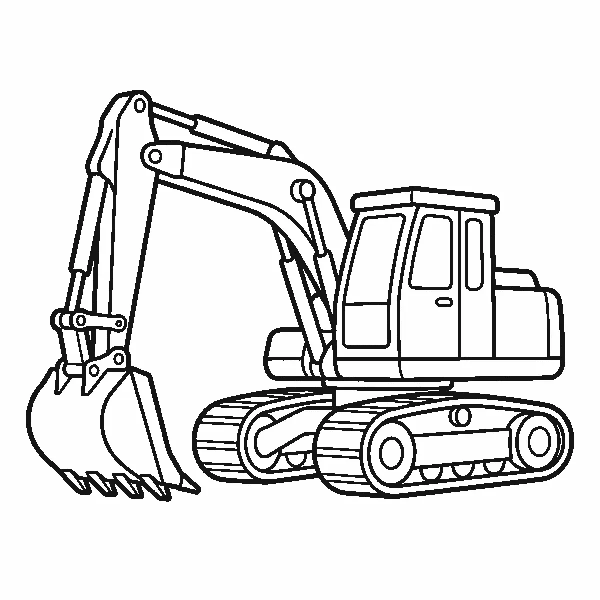 Colouring page of a tracked digger with a glazed cab, a jointed arm with hydraulic rams and a toothed bucket resting on the ground, black outlines on white