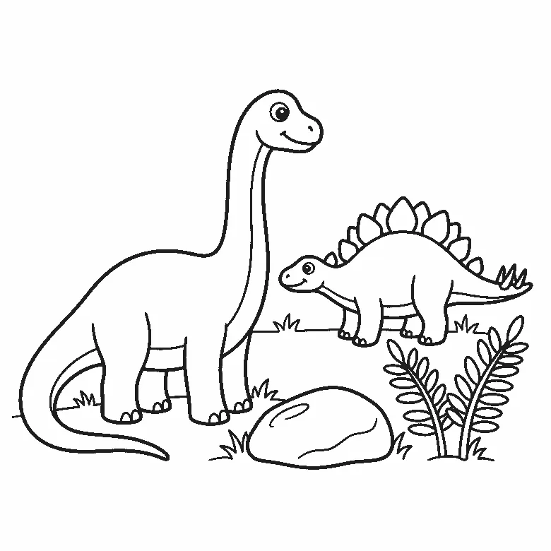 Colouring page of two dinosaurs in a landscape: a long-necked one standing in profile and a smaller plated one behind it, with a boulder, a fern and tufts of grass, black outlines on white