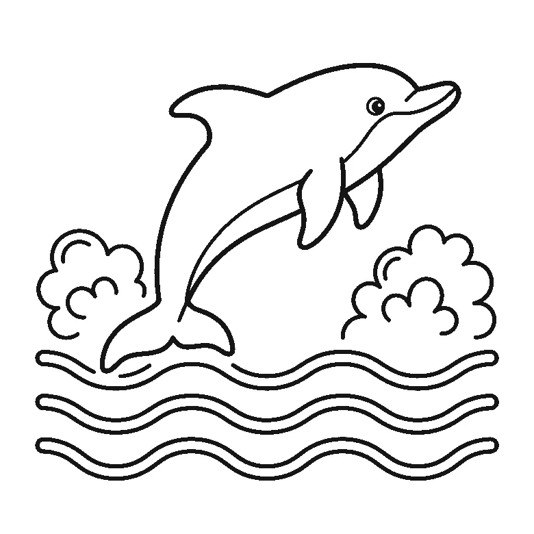 Colouring page of a dolphin leaping above three wave lines with one round eye, a curved beak and splashes on either side, black outlines on white