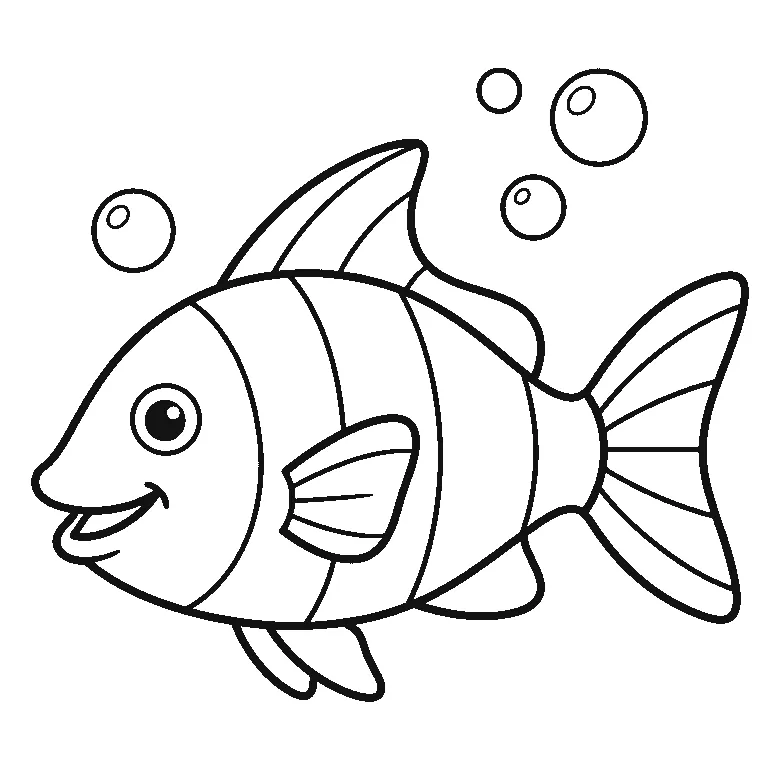 Colouring page of a wide tropical fish swimming in profile with one round eye, broad stripes across its body, a fanned tail and three bubbles rising beside it, black outlines on white