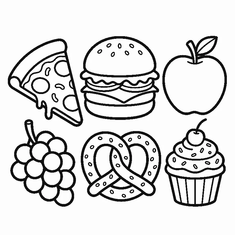 Colouring page of six foods in two rows: a pizza slice, a sesame burger, an apple with a leaf, a bunch of grapes, a salted pretzel and an iced cupcake with a cherry, black outlines on white