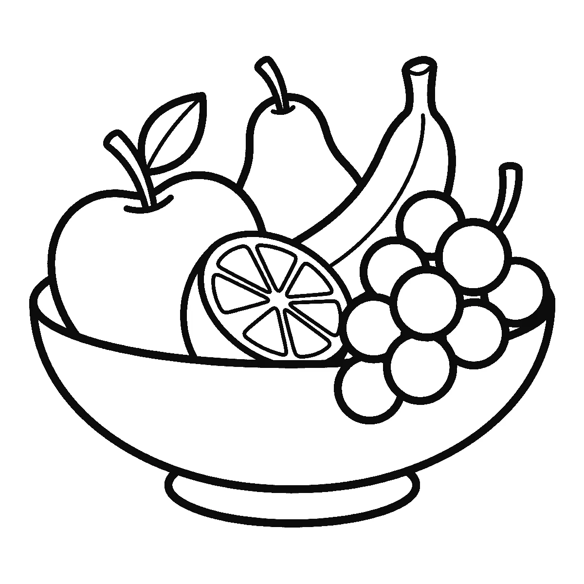 Colouring page of a wide bowl of fruit holding an apple with a leaf, a pear, a banana, half an orange showing its segments and a bunch of grapes, black outlines on white
