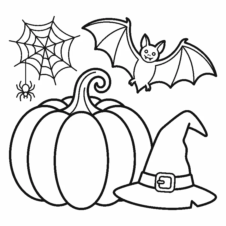 Colouring page of a Halloween group: a large ribbed pumpkin with a curled stem, a bat flying with spread wings and two round eyes, a spider hanging from its web, and a pointed witch hat with a buckled band, black outlines on white