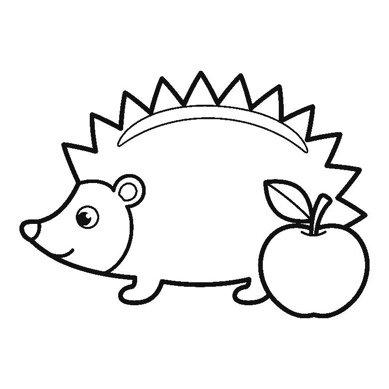 Colouring page of a hedgehog seen from the side with one round eye, a pointed snout and one small round ear, its back drawn as a row of large triangular spikes over a single open body shape, beside an apple with a leaf, black outlines on white