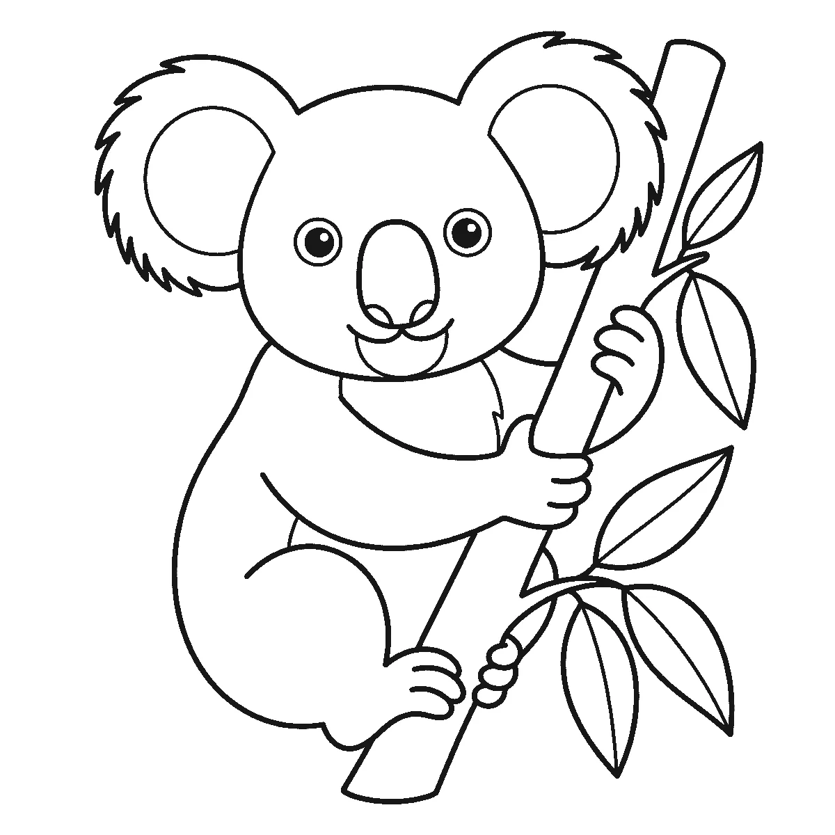 Colouring page of a koala clinging to a eucalyptus branch and facing forward, with two round eyes, a large filled nose and two very big round ears fringed with short strokes, beside sprays of long pointed leaves, black outlines on white