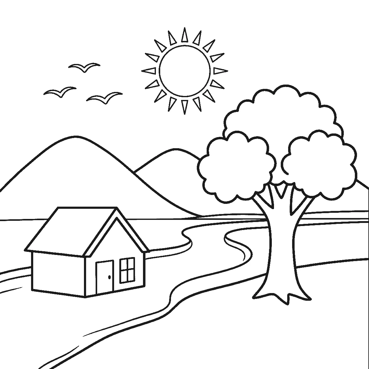 Colouring page of a countryside landscape: two rounded hills, a river winding into the distance, a broad tree with a forked trunk, a small house with a pitched roof and one window, three birds drawn as bare curves and a plain sun with straight rays, black outlines on white