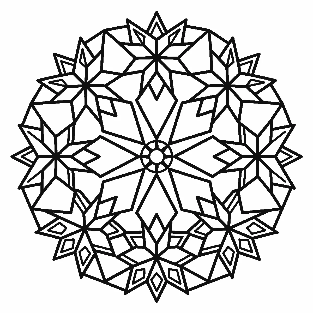 Colouring page of a circular mandala of eight-pointed stars and faceted diamond shapes arranged in rings around a small ringed centre, black outlines on white