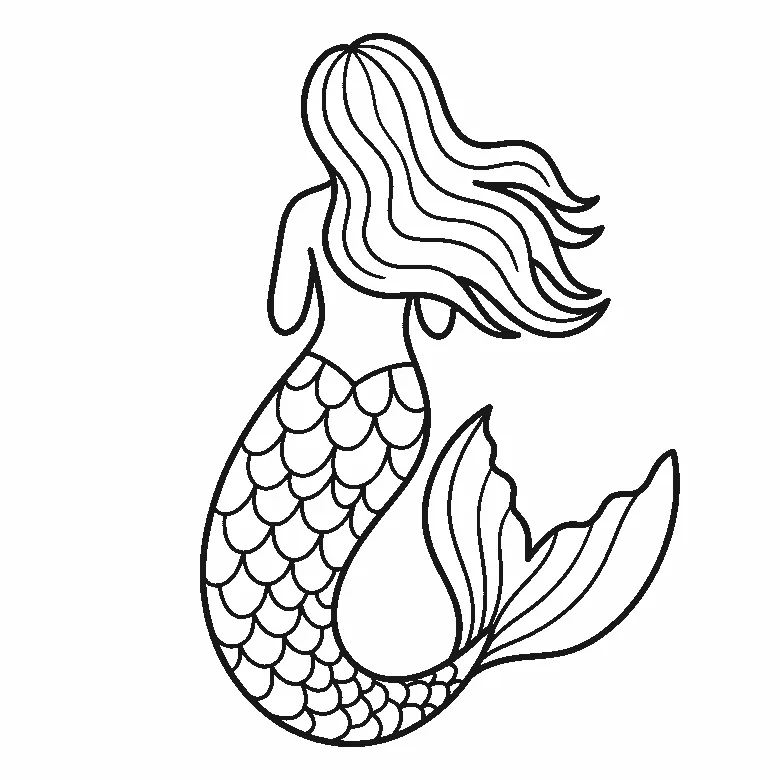 Colouring page of a mermaid seen from behind with very long flowing hair and a large scaled tail curling round to a wide fluked fin — no face is drawn, black outlines on white