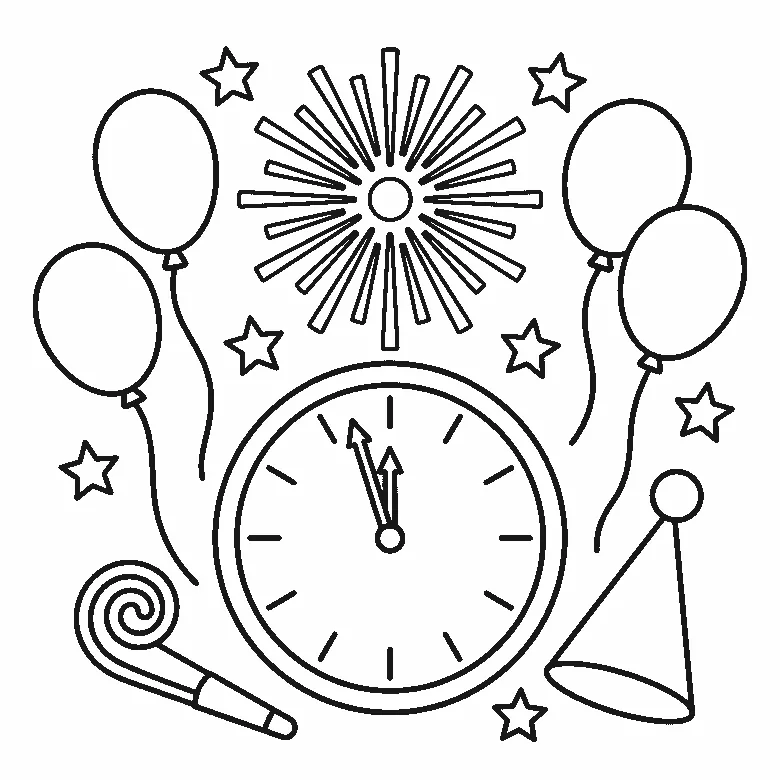 Colouring page of a New Year group: a clock face with two hands at the top and twelve plain tick marks and no numerals anywhere, a firework burst of straight rays, four balloons on curved strings, a party horn with a spiral tip, a cone party hat and seven small stars, black outlines on white