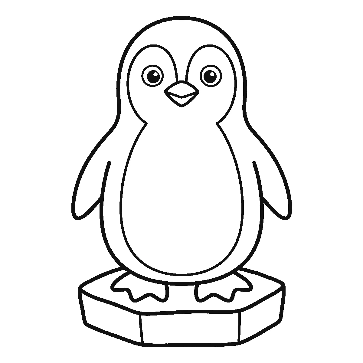 Colouring page of a penguin standing upright and facing forward on a block of ice, with two round eyes, a small beak, two flippers and two webbed feet, black outlines on white
