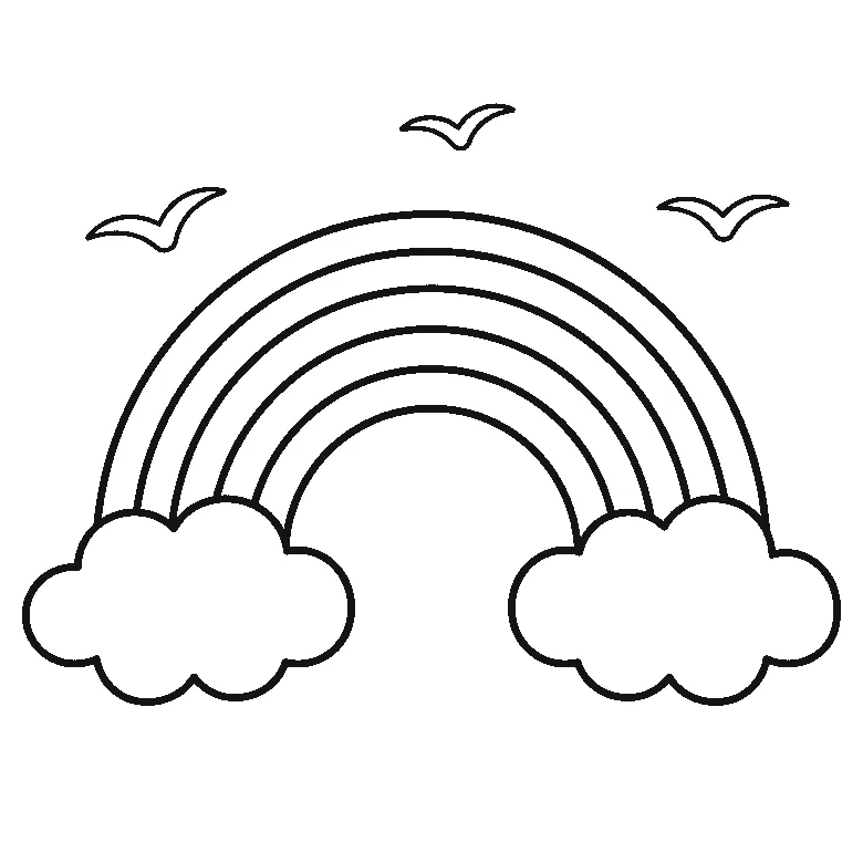 Colouring page of a rainbow arch of six separate bands resting on a rounded cloud at each end, with three simple birds in the sky above, black outlines on white