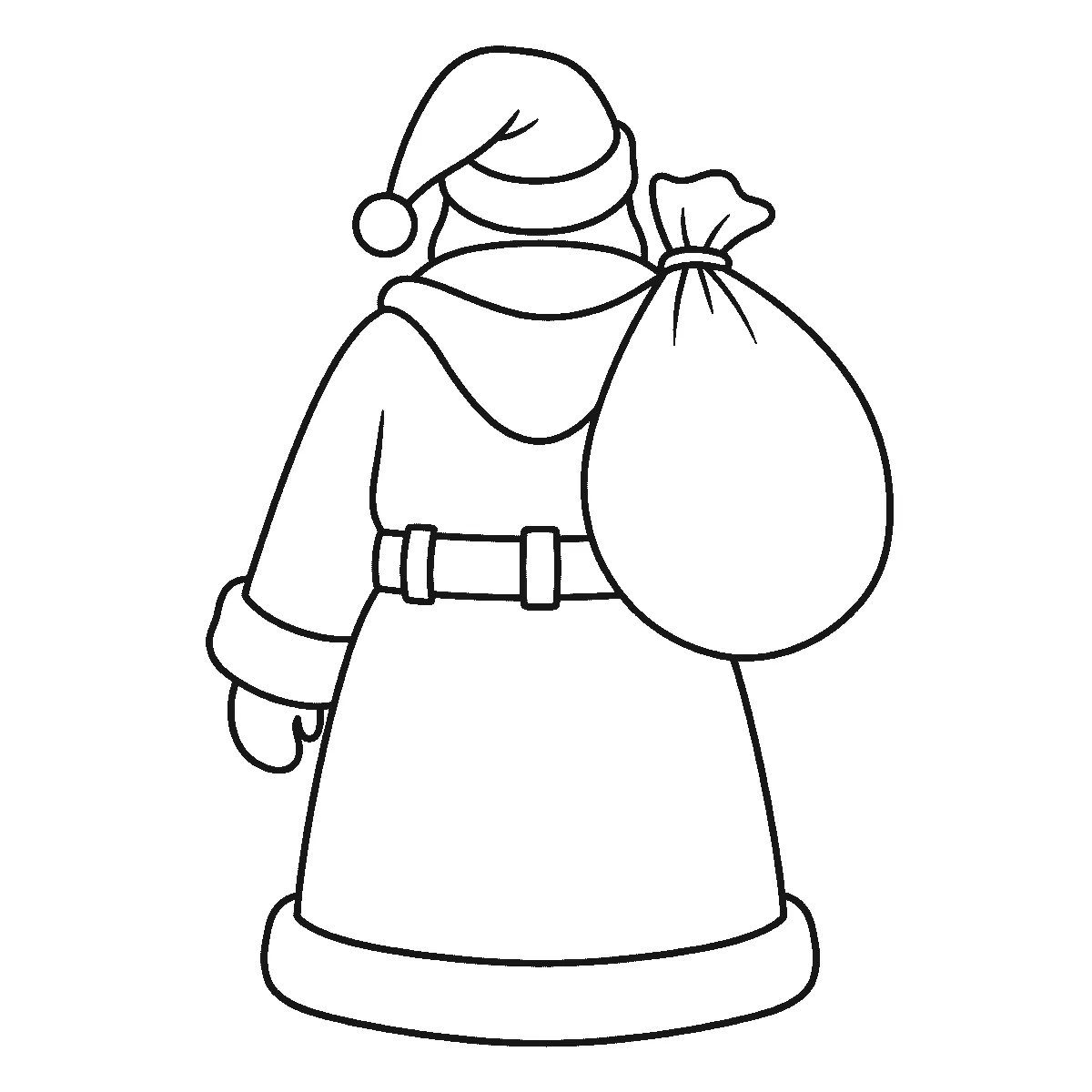 Colouring page of Santa seen from behind in a belted coat with a fur hem and cuffs and a pointed hat with a pom-pom, carrying a tied sack over one shoulder - no face is drawn, black outlines on white