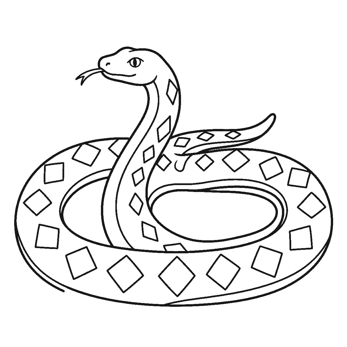 Colouring page of a snake coiled into two wide loops with its head raised and its forked tongue out, its body patterned with large diamond shapes, black outlines on white