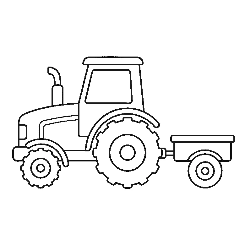 Colouring page of a tractor seen from the side with one very large lugged rear wheel, a small front wheel, a cab with an empty window and an exhaust pipe, pulling a two-wheeled trailer, black outlines on white