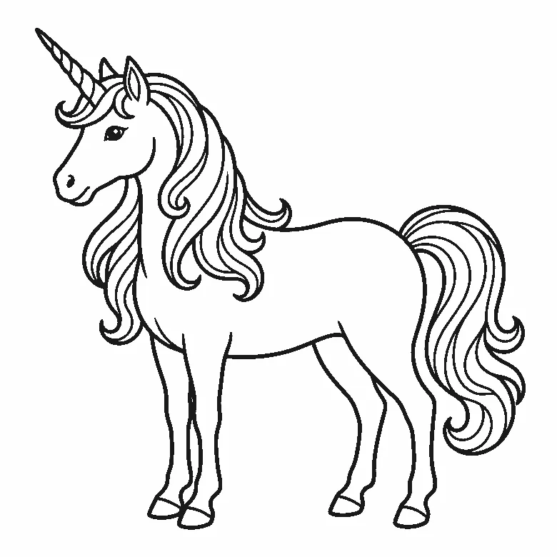 Colouring page of a unicorn standing in profile with one eye, a single spiral horn and a long wavy mane and tail, black outlines on white