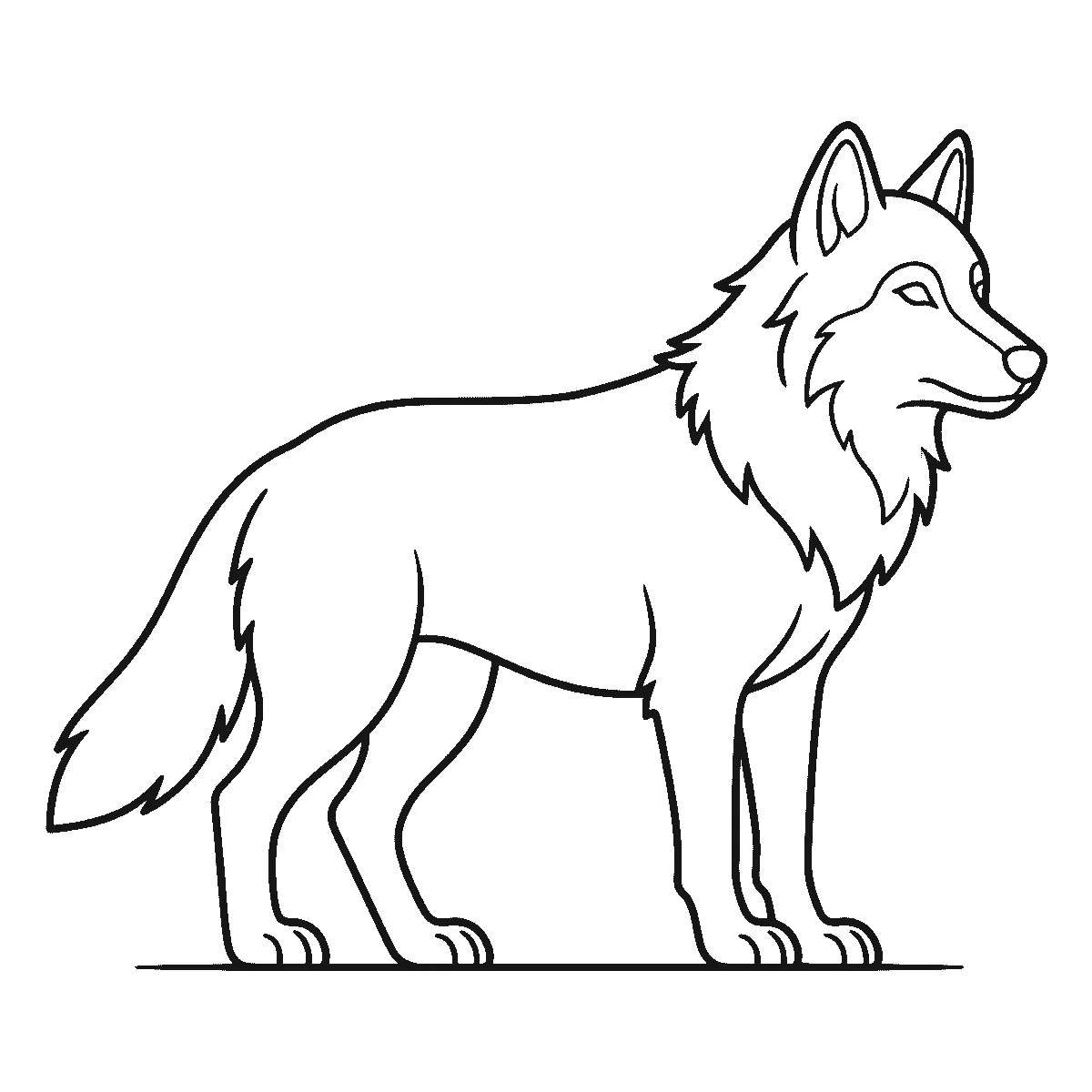 Colouring page of a wolf standing in profile on a ground line, with pointed ears, one narrow eye, a ruffed neck and a thick brush tail, black outlines on white