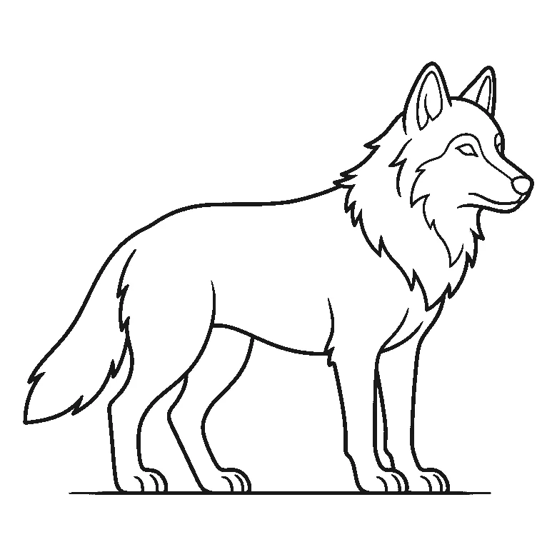 Colouring page of a wolf standing in profile on a ground line, with pointed ears, one narrow eye, a ruffed neck and a thick brush tail, black outlines on white