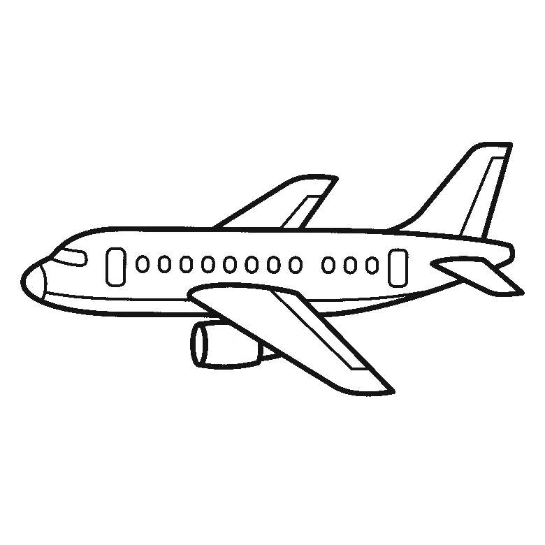 Coloring page of a passenger airplane in level flight seen from the side, a long fuselage carrying eleven oval cabin windows between two doors, one wing swept toward the viewer with an engine slung under it, and a tall swept tail fin, black outlines on white