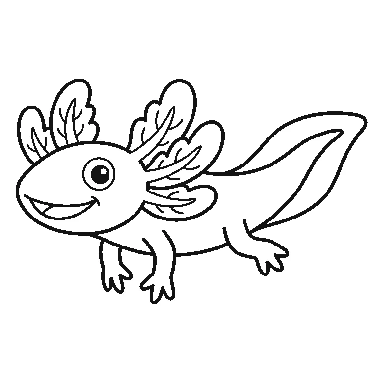Coloring page of an axolotl swimming in profile with one round eye, a wide smile, three feathery gill fronds on each side and a long finned tail, black outlines on white