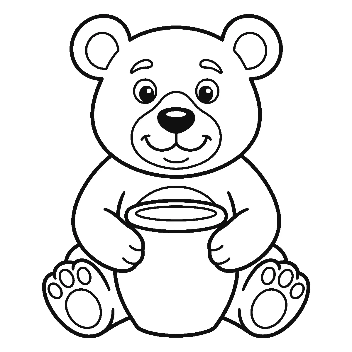 Coloring page of a round friendly bear sitting facing forward with two eyes and a smile, holding a honey pot between its paws, its two hind paw pads showing, black outlines on white