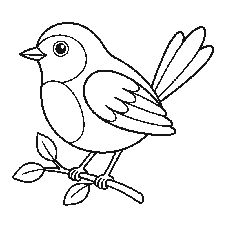 Coloring page of a plump little songbird perched in profile on a leafy twig, one round eye, a short beak and a long layered tail, black outlines on white