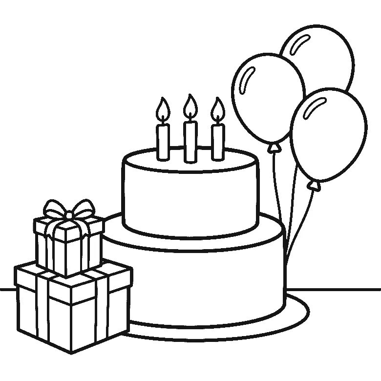Coloring page of a two-tier birthday cake on a plate with three lit candles, a stack of two wrapped gifts beside it and three balloons on strings, black outlines on white