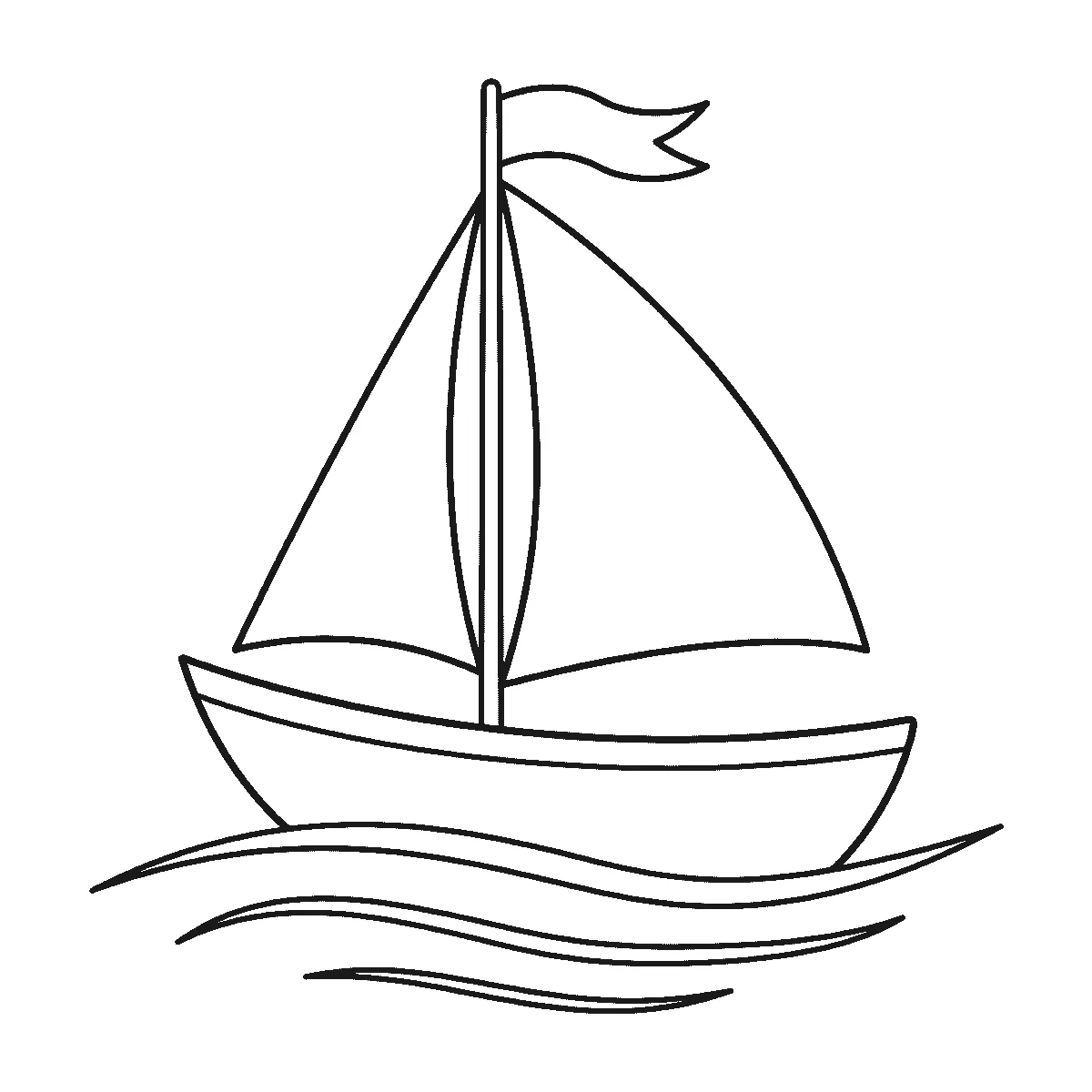 Coloring page of a sailing boat seen from the side, one mast carrying two blank triangular sails, a pennant at the masthead and three long curved water lines under the hull, black outlines on white