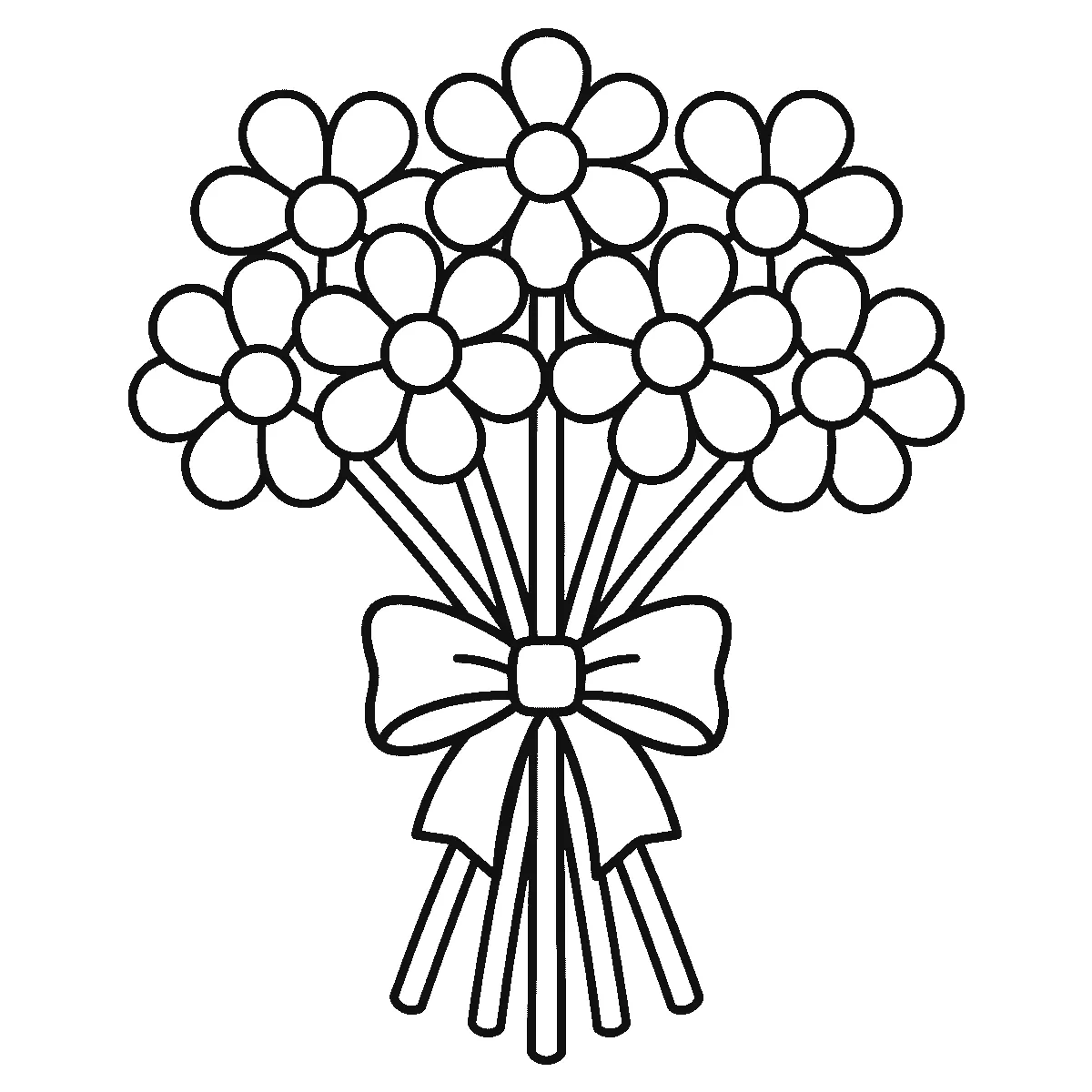 Coloring page of a bouquet of seven round flowers with wide petals, their long stems bundled and tied with a broad ribbon bow, black outlines on white