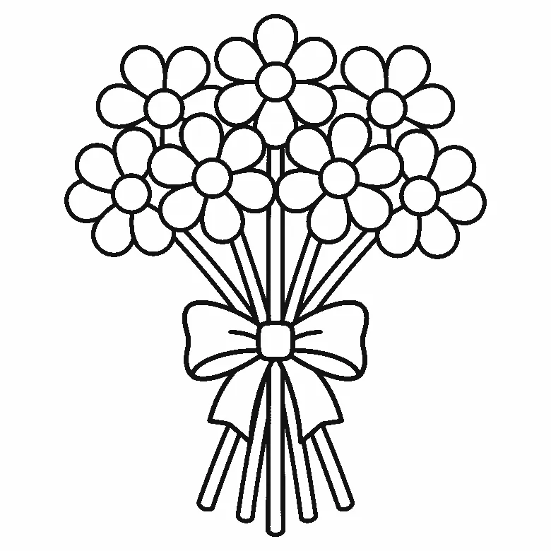 Coloring page of a bouquet of seven round flowers with wide petals, their long stems bundled and tied with a broad ribbon bow, black outlines on white