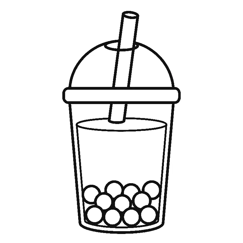 Coloring page of a bubble tea cup with a domed lid, a wide straw pushed through the lid and a heap of round tapioca pearls filling the bottom of the cup, black outlines on white