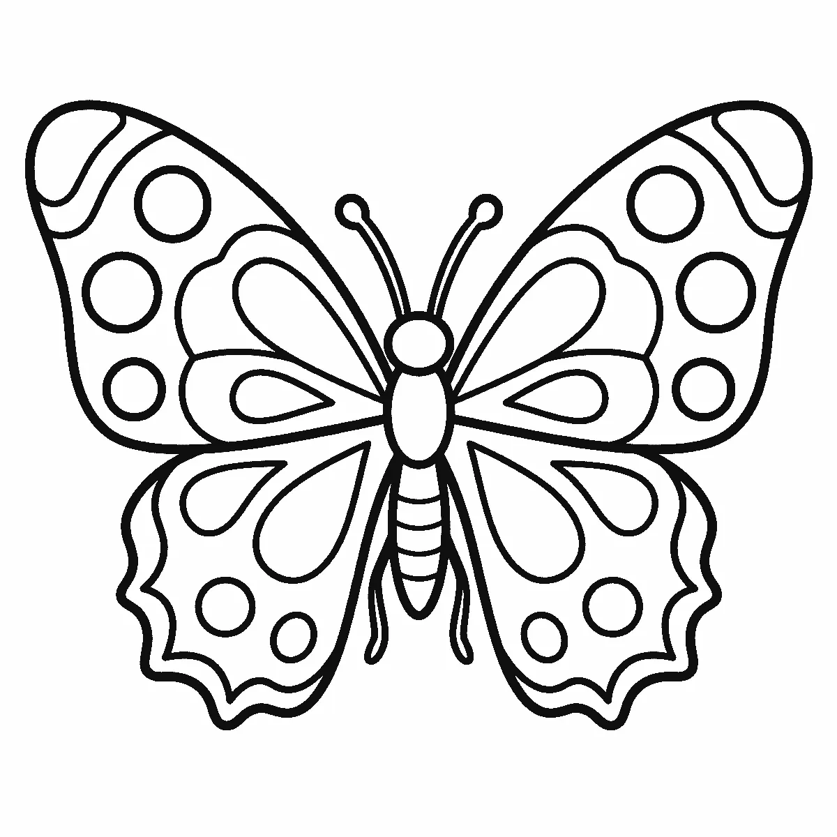 Coloring page of a butterfly seen from above with wide symmetrical wings patterned in large circles and teardrops, a segmented body and two antennae, black outlines on white