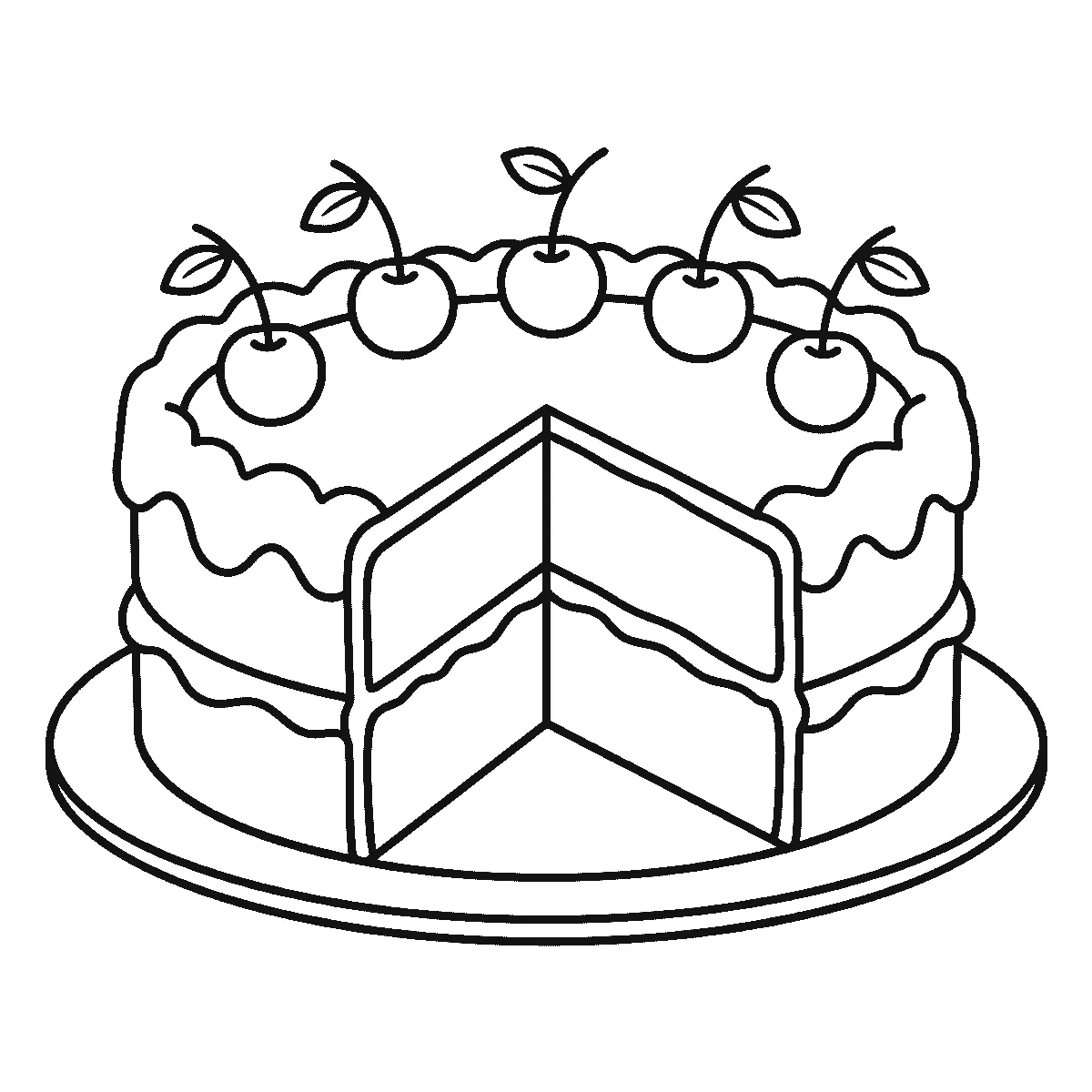 Coloring page of a two-layer cake on a plate with one wedge cut away to show the layers inside, a wavy icing border running down the side and five stemmed cherries along the top, black outlines on white