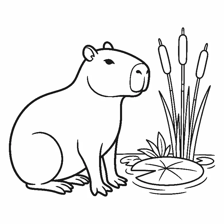 Coloring page of a capybara sitting in profile with one eye and a blunt muzzle, beside a lily pad and three tall cattails at the water's edge, black outlines on white