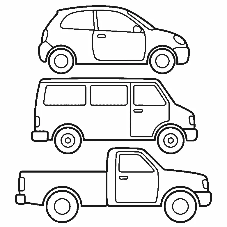 Coloring page of three vehicles seen from the side and stacked one above another — a small hatchback, a van and a pickup truck, every panel left plain, black outlines on white
