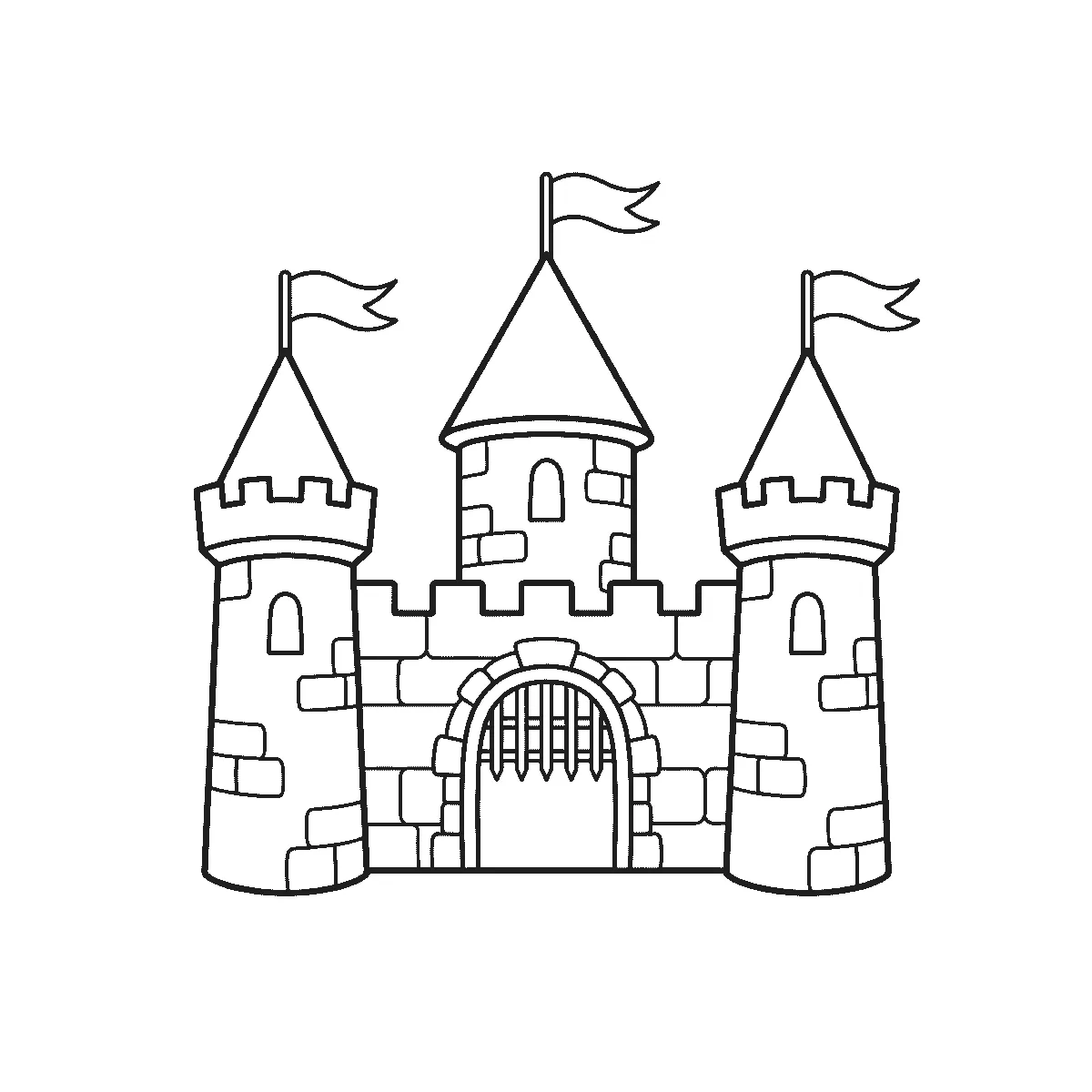 Coloring page of a castle with three towers under cone roofs, each flying a plain pennant, a battlemented wall between them and an arched gate with a portcullis, the stonework drawn as large simple blocks, black outlines on white