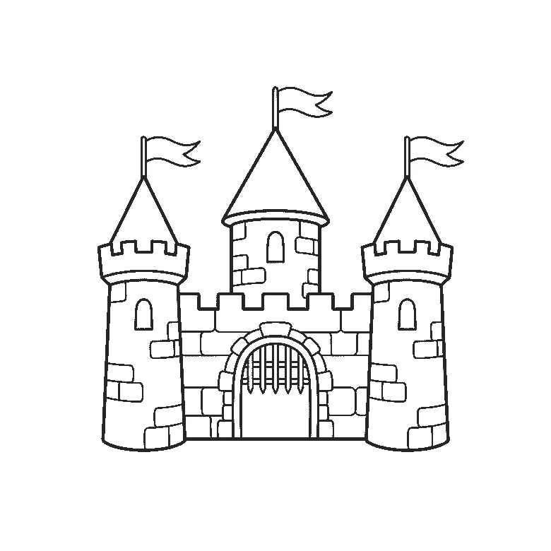 Coloring page of a castle with three towers under cone roofs, each flying a plain pennant, a battlemented wall between them and an arched gate with a portcullis, the stonework drawn as large simple blocks, black outlines on white