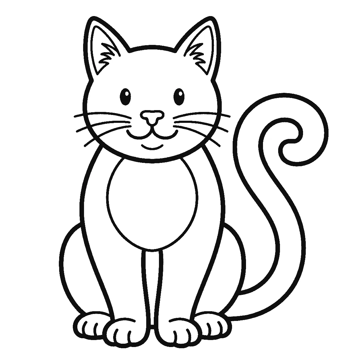 Coloring page of a friendly cat sitting upright and facing forward, with two round eyes, whiskers, tufted ears and a long tail curled up beside it, black outlines on white