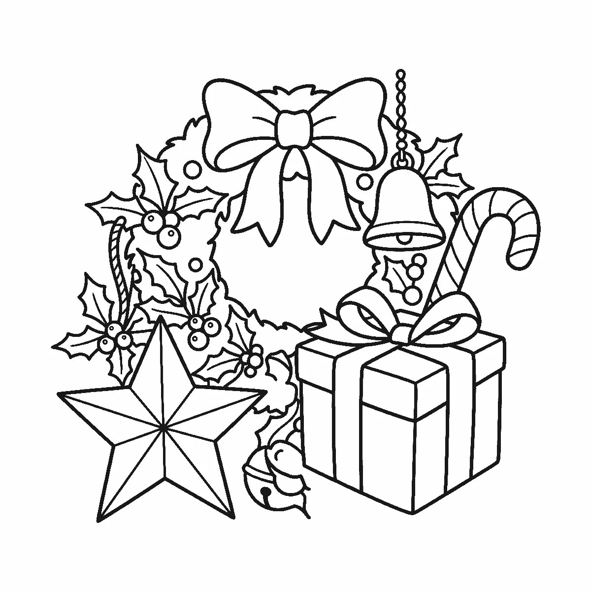 Coloring page of a Christmas group: a holly wreath tied with a bow, a hanging bell, a candy cane, a wrapped gift with a ribbon, a large five-pointed star and a small jingle bell, black outlines on white
