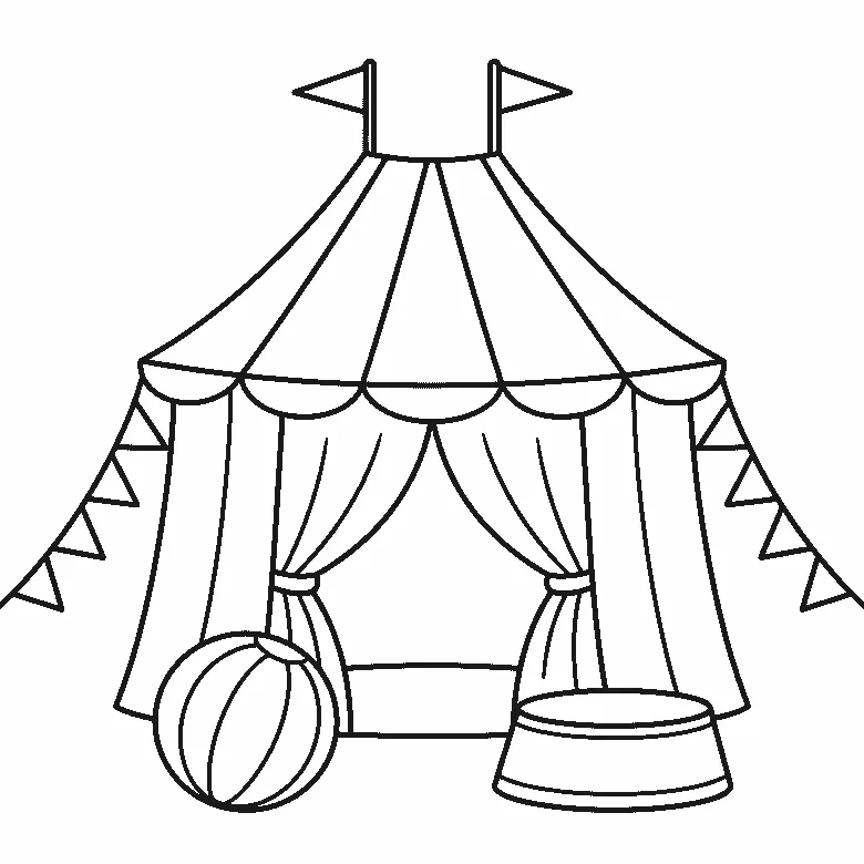 Coloring page of a big top circus tent with a six-panel roof, two flags on the peak, curtains tied back at the entrance, a striped ball and a round podium in front of it, and bunting running out to each side, black outlines on white