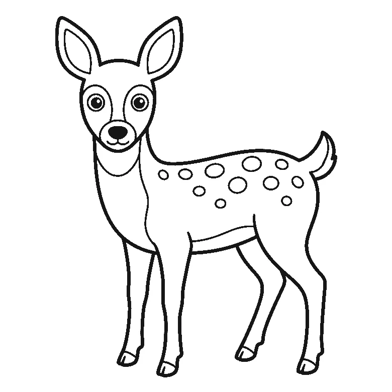 Coloring page of a young spotted fawn standing in profile with its head turned forward, two round eyes, two upright ears and rows of oval spots across its flank, black outlines on white