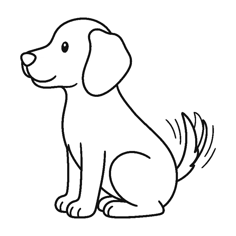 Coloring page of a dog sitting in profile with one round eye, a soft muzzle, one long floppy ear and a feathered tail swishing behind it, black outlines on white